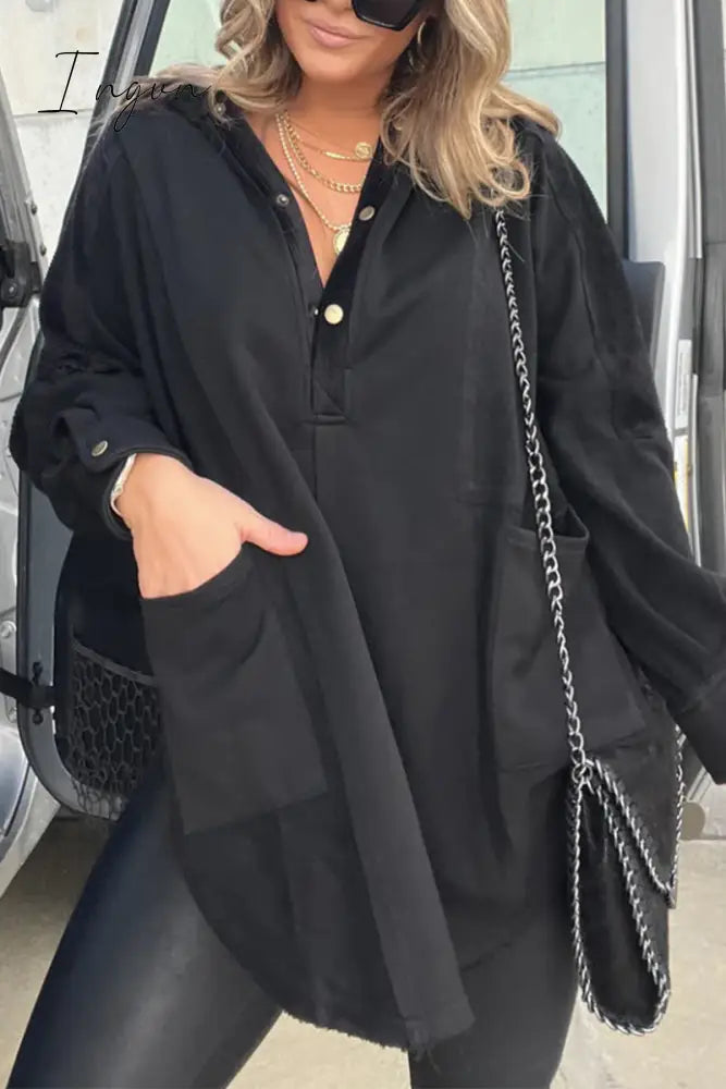 Ingvn - Casual Solid Pocket Slit Hooded Collar Tops Black / S Tops/Sweats & Hoodies