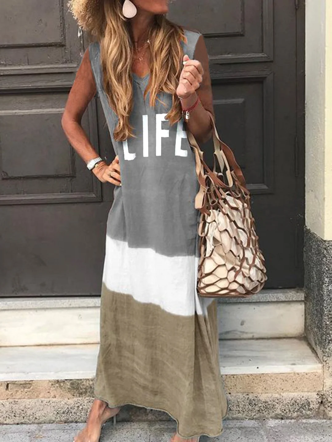 Maxi Knitting Dress Striped Sleeveless Cotton-Blend Knitting Dress For Women