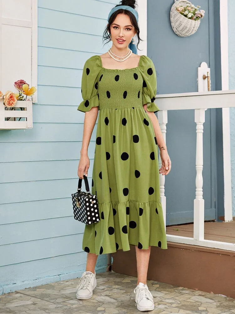 Shirred Polka Dots Square Neck Dress