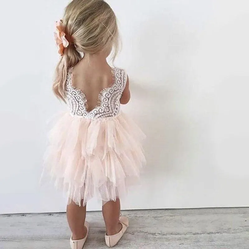 Girls Fluffy Cake Smash Dresses For Kids Toddler Lace Backless Wedding Birthday Party Baptism Princess Dress Children Clothes