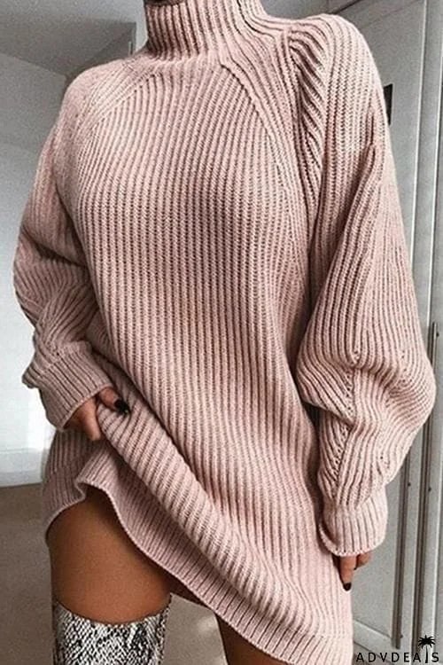 High Collar Puff Sleeve Mini Sweater Dress