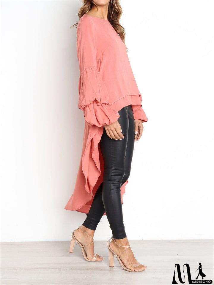 MidiSono - Ladies Leisure Chiffon Lantern Sleeve Irregular Hem Shirts