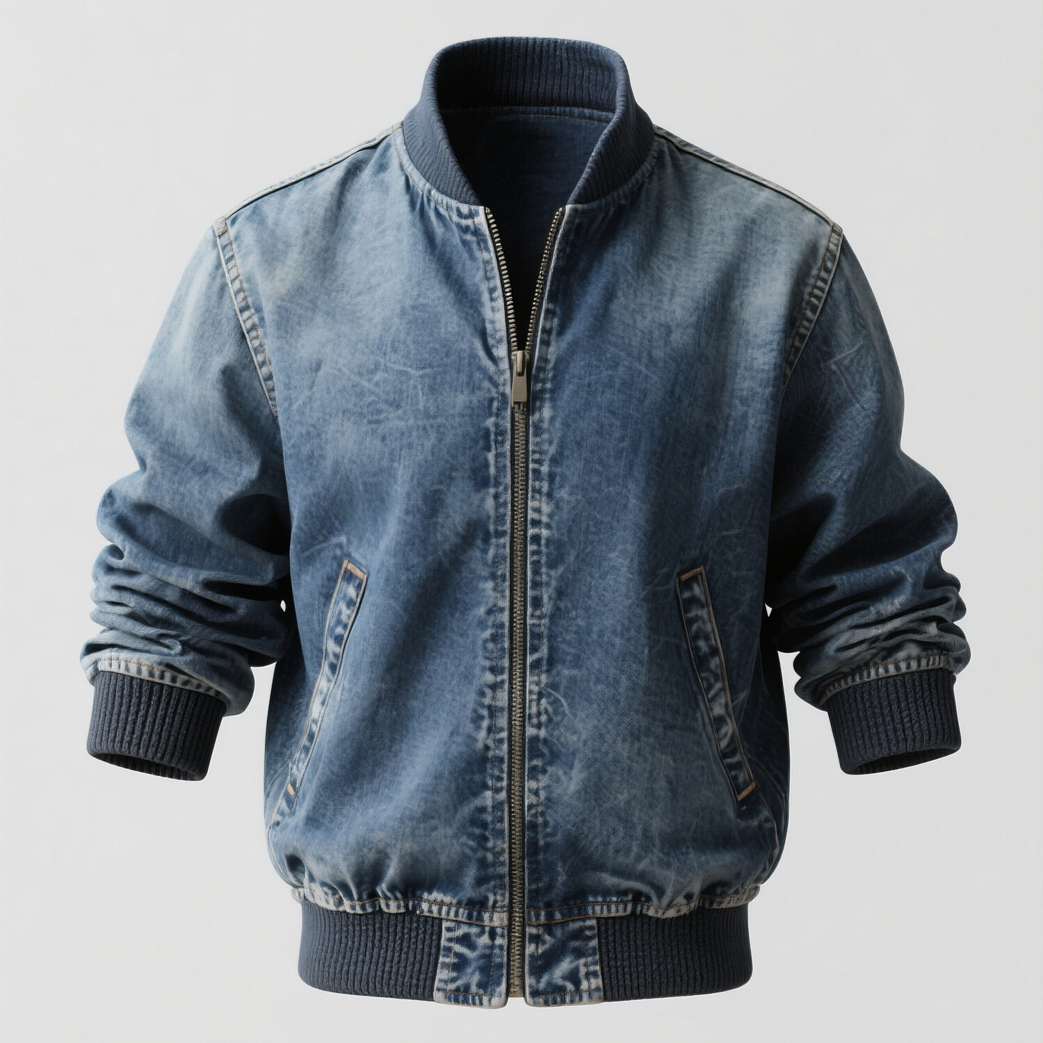 Men's Casual Stand Collar Long Sleeve Ribbed Cuffs Pocket Zipper Denim Jacket