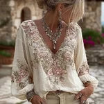 Women's Vintage Pink Floral Embroidered Art Pattern V-neck Long Sleeve Blouse - Image 3