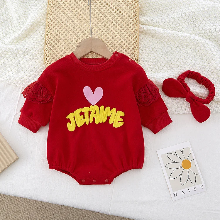 2pcs Baby Girl Heart and Letter Print Long Sleeve Bodysuit with Hairband
