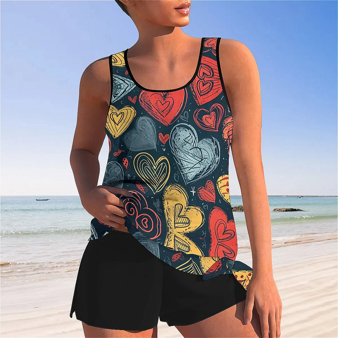 Bowknot Heart,Love,Valentine's Day Mid Waisted Tankini Set - Plus Size Available