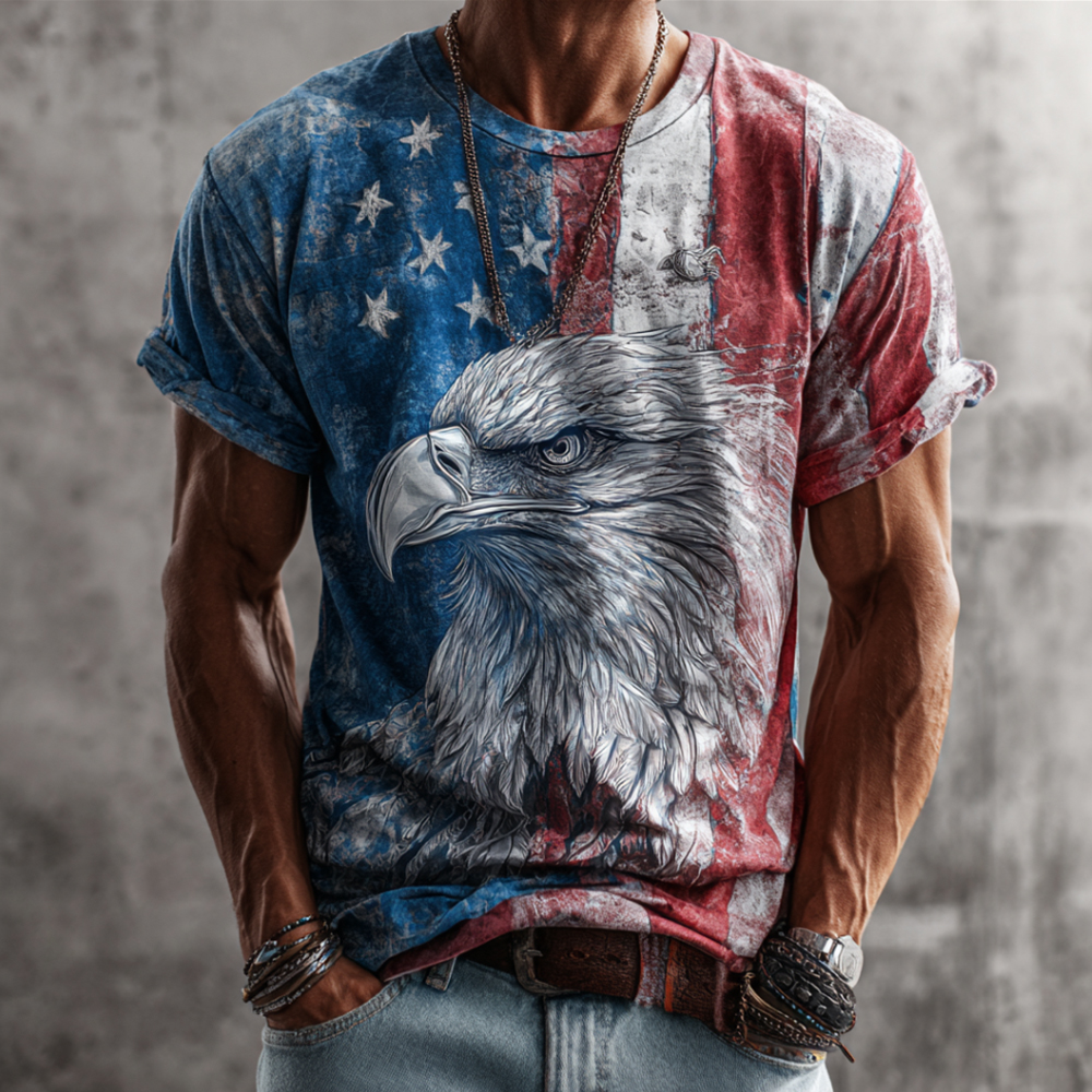  Vintage Independent Day Flag And Eagle Art 3d Print Crew Neck Short Sleeve Tee Westsshops