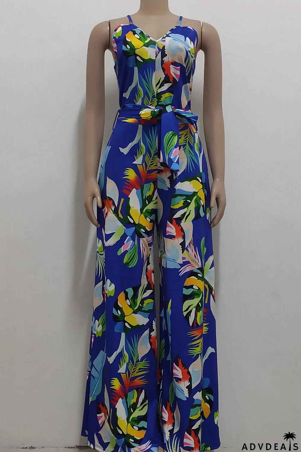 Red Casual Print Patchwork Spaghetti Strap Straight Jumpsuits