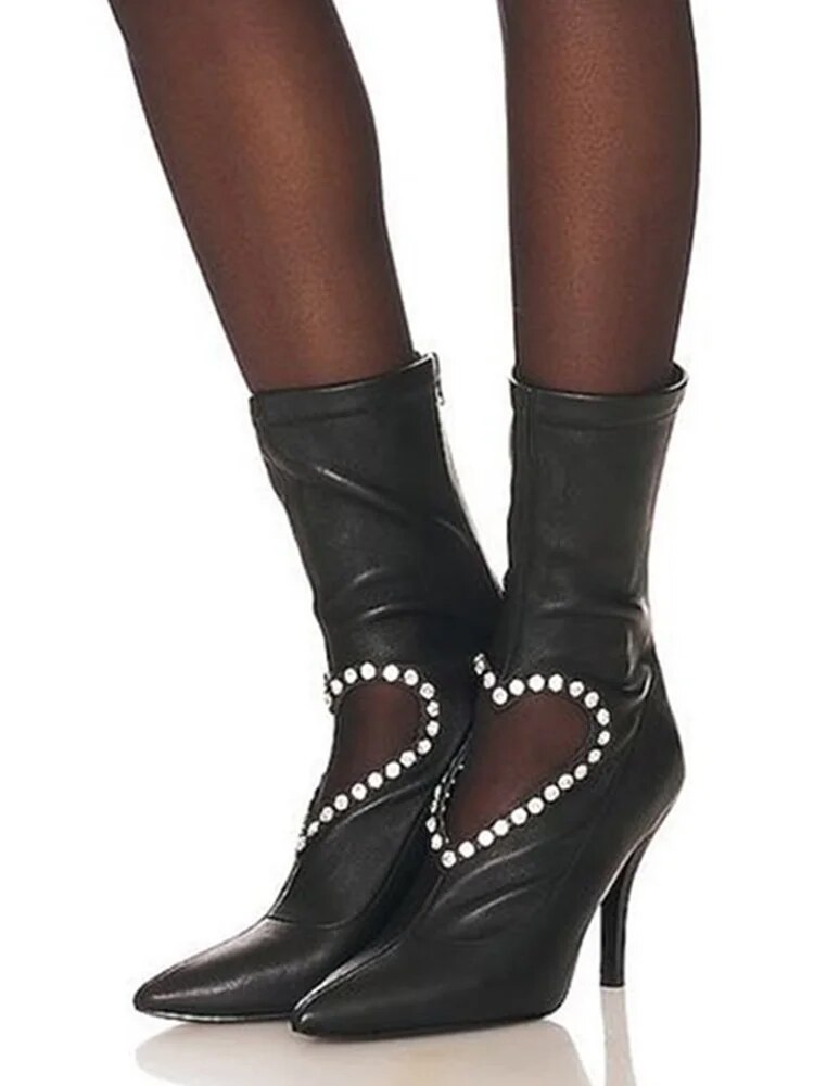 VCSHOES Black Heart Shape Crystal Boots Zipper Thin High Heel Casual Big Size Woman Shoes Zapatillas Mujer