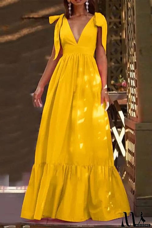 MidiSono - Tie Straps V Neck Tiered Ruffles Maxi Dress