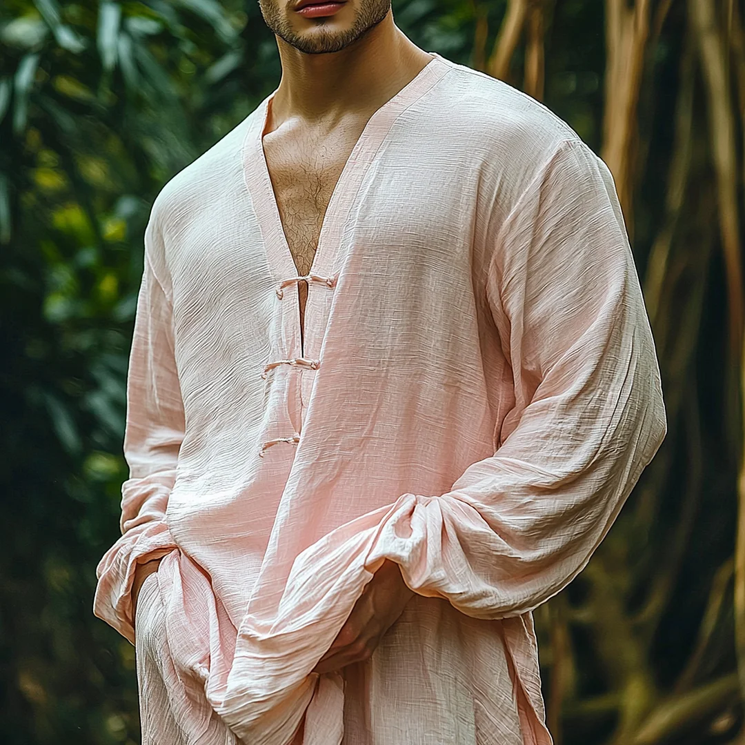 Men's Holiday Ethnic Simple Lightweight Casual Long Sleeve Linen Shirt-inspireuse