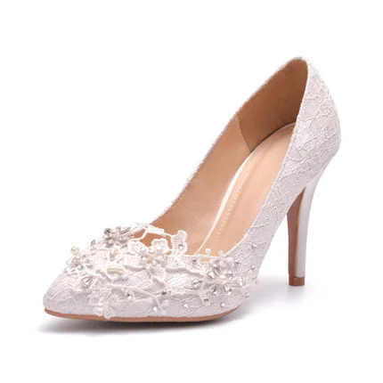 Bridal White Rhinestone Stiletto Heel Lace Pumps Vdcoo