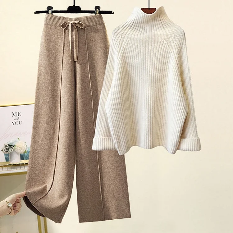 PASUXI Women's 2-Piece Sweater Set: Long Sleeve Knit Pullover & Wide Leg Pants Lounge Tracksuit huanwei