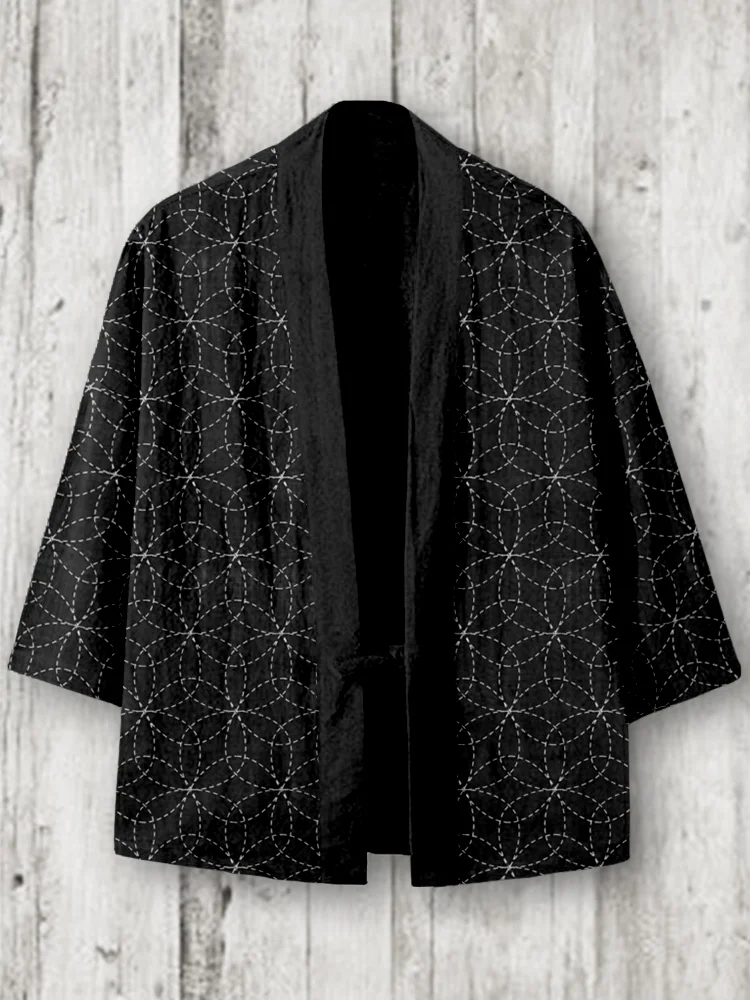 Japanese Hana Zashi Flower Sashiko Art Linen Blend Kimono Cardigan