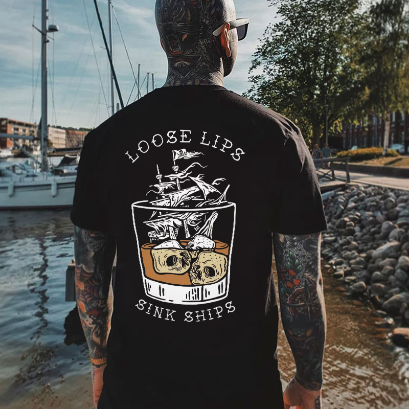 LOOSE LIPS SINK SHIPS Skulls Ship in the Water Graphic White Print T-shirt