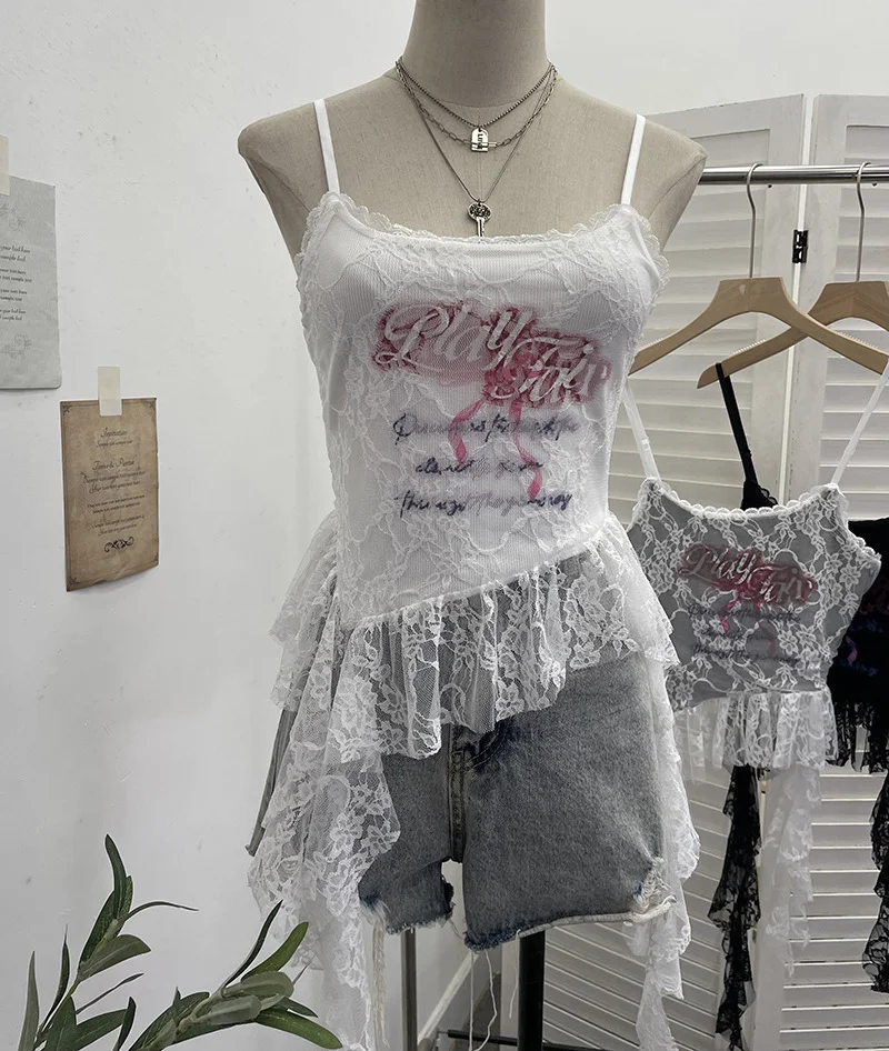 Uveng Real Shooting 2025 Summer New Women's Fashionable Lace Letter Print Sling Vest Ribbon Ribbon Ribbon Sleeveless Top 1193