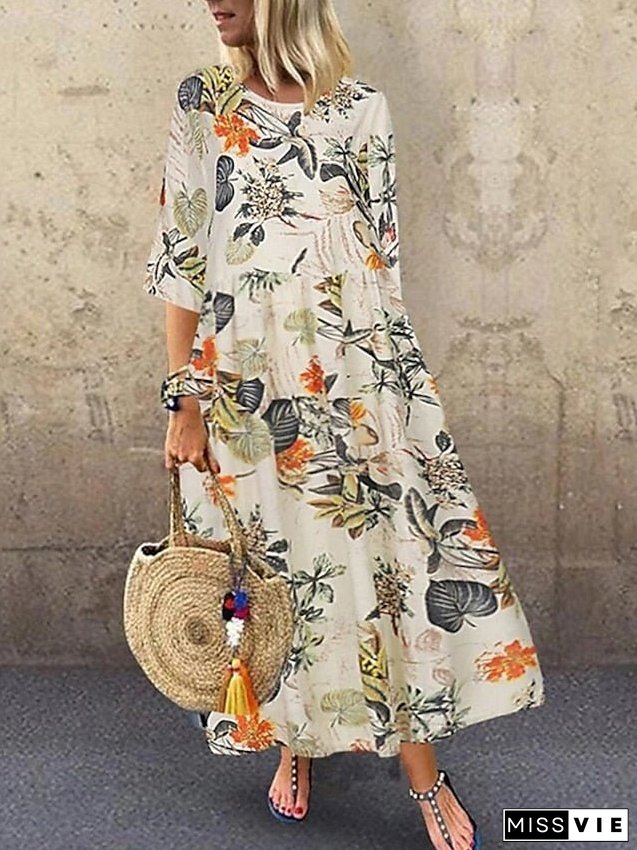 Women's Shift Dress Maxi Long Dress Red Navy Blue Yellow Half Sleeve Floral Print Spring Summer Round Neck Casual