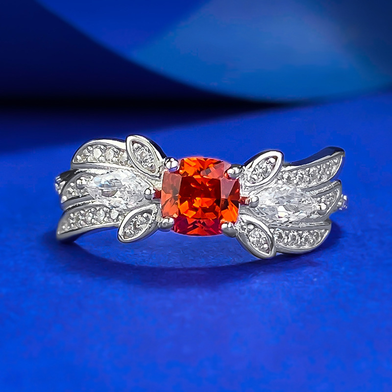 MIKAMU Jewelry S925 Silver 5x5mm Fanta Orange Gemstone Bow Tie Ring - 1 Carat, Light Luxury Design