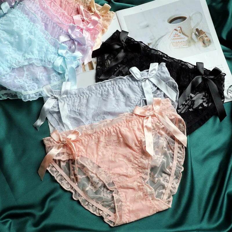Billionm Product Japanese Cute and Sweet Student Lolita Bow Lace Panties Women's Low-rise Bread Pants Women's Briefs Pink Panties