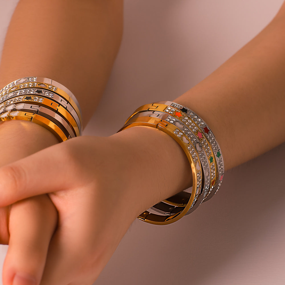 IG Style Pentagram Heart Tennis / Diamond Line Stainless Steel Electroplating Bangles