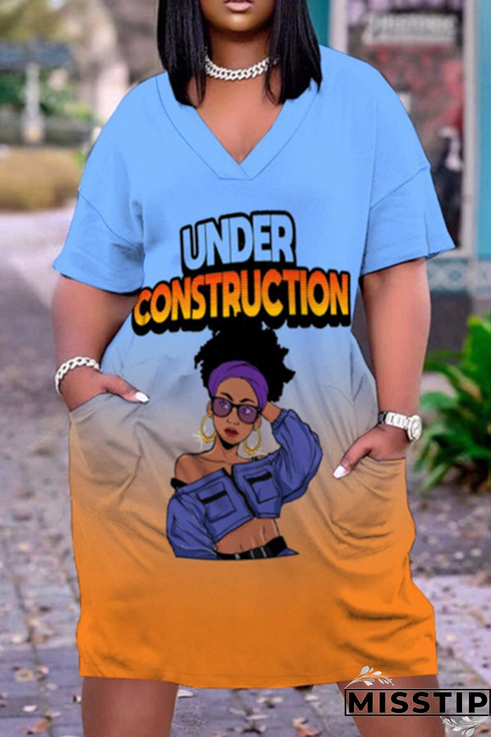 Rose Red Casual Gradual Change Print Pocket V Neck Straight Dresses