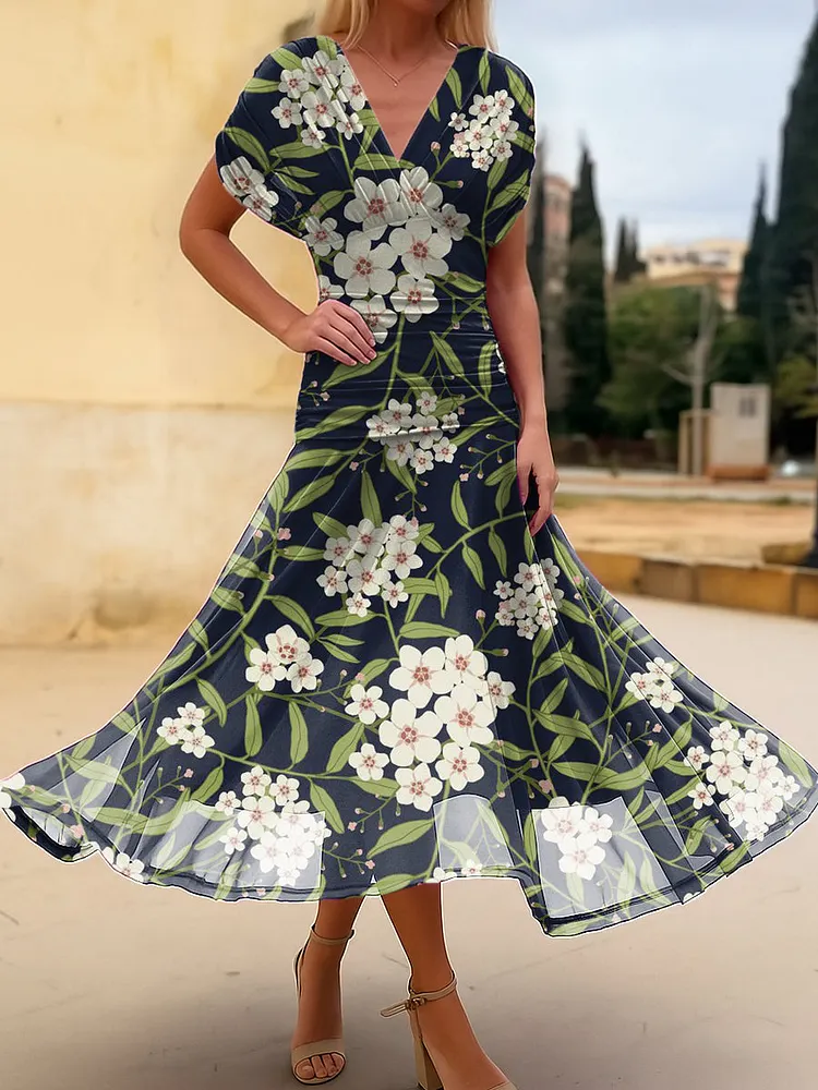 Women's Flower And Leaf Painting Art Print Cotton Dress