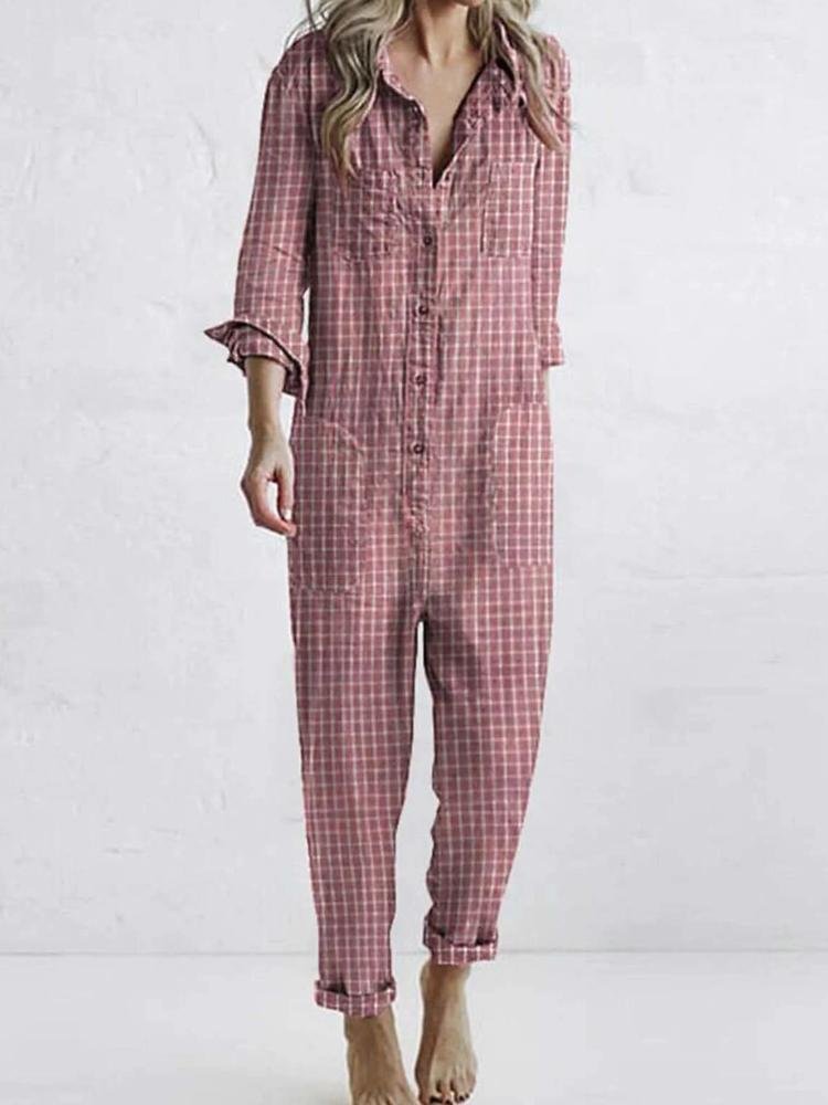 Women's Cotton and Linen Check Single-Breasted Pocket Jumpsuit