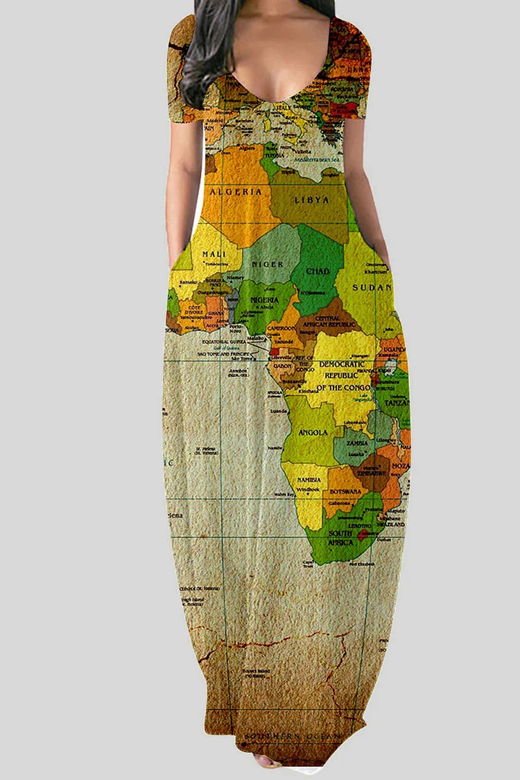 Grass Green Casual Print Patchwork V Neck Straight Dresses