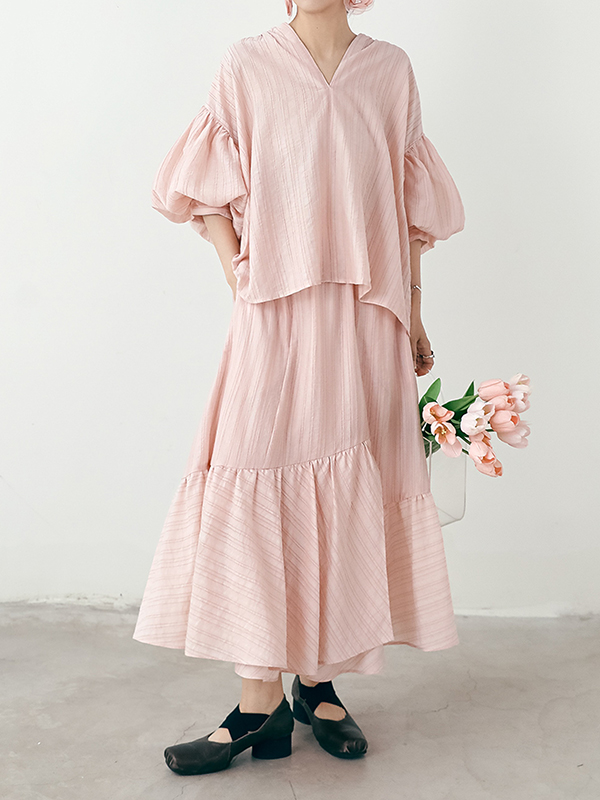 Puff Sleeve Top Pleated Maxi Skirt Two-Piece Set