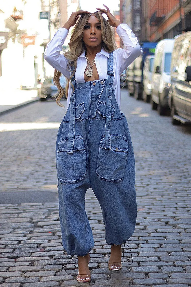 Oversize Pockets Wide Leg Denim Overalls-Blue