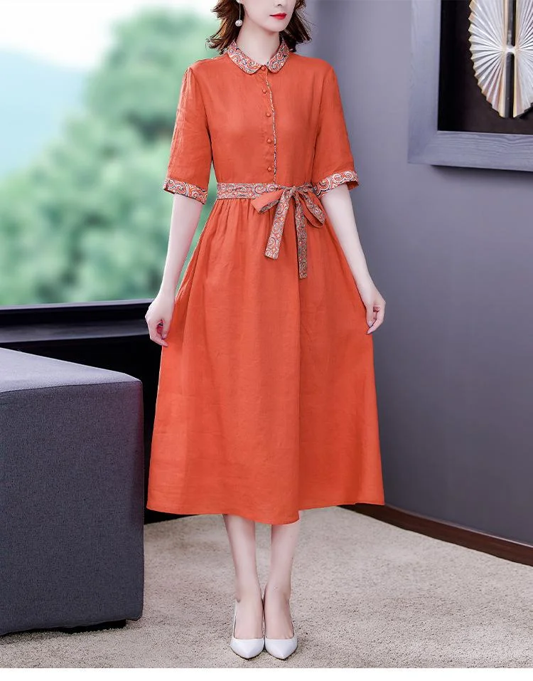 Elegant mid-length cotton and linen dress