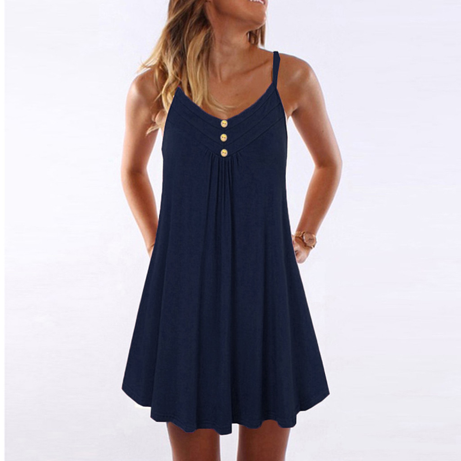 Promoprou Womens Dresses Spring Casual Sleeveless Women Double Spaghetti Dress Strap Breasted Plain Women'S Dress Robe SoiréEs Chic