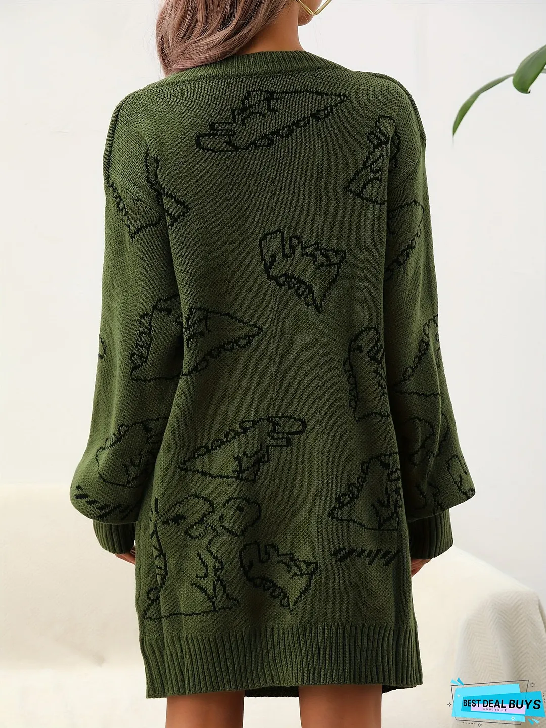 Cute Dinosaur Pattern V Neck Dress, Casual Long Sleeve Knitted Dress, Women's Clothing