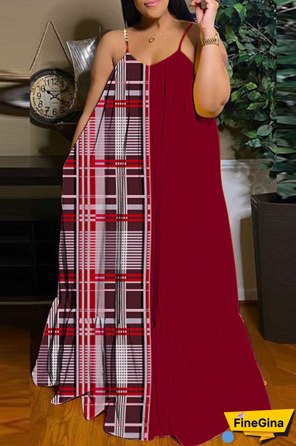 Black Brown Casual Street Print Patchwork Spaghetti Strap Sling Dress Dresses