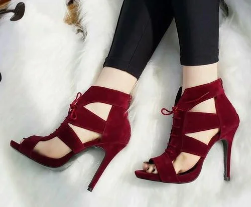 Burgundy Lace-Up Hollow-out Stiletto Heel Sandals Vdcoo