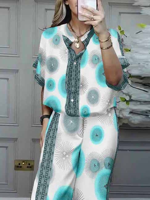 Women Floral,Blue,Gray DZDL1123 V-neck Short Sleeve Blouse and Pants Set