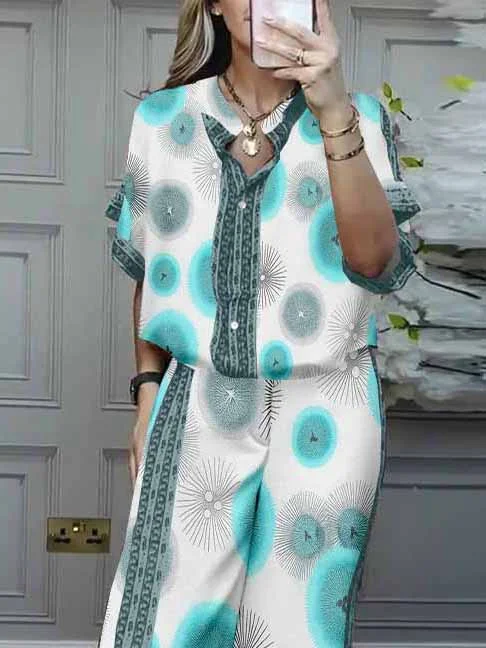 Women Floral,Blue,Gray DZDL1123 V-neck Short Sleeve Blouse and Pants Set