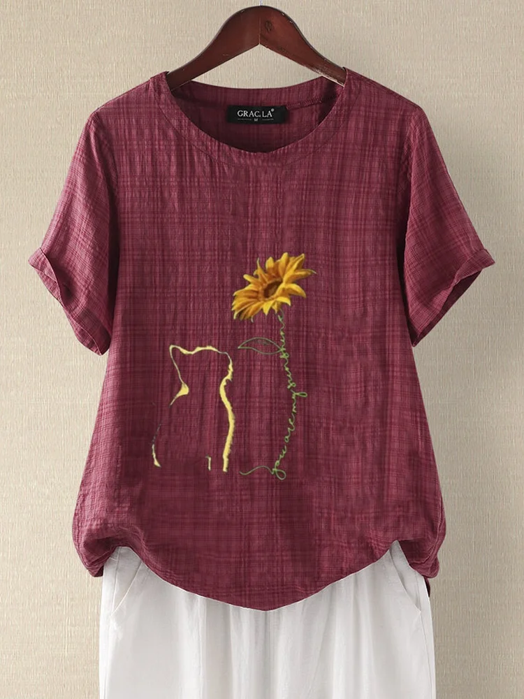 Casual Round Neck Floral-Print Shirts & Tops