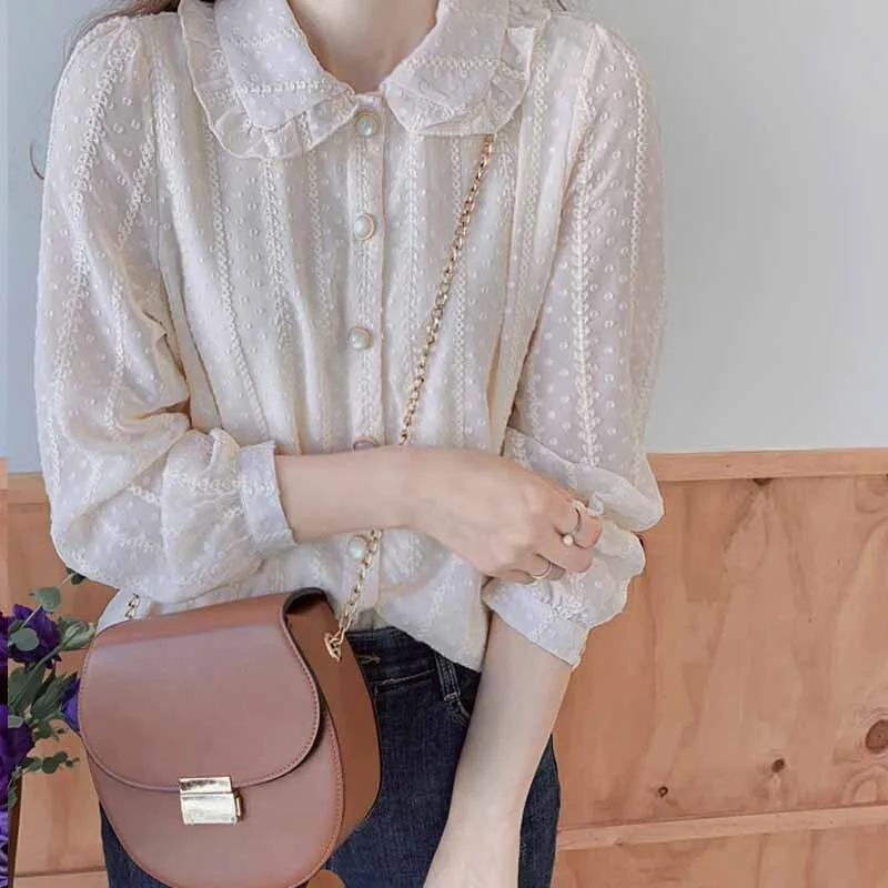 2021 Autumn Sweet Chiffon Blouse Women Peter Pan Collar Female Shirt Long Sleeve korean style Women Shirts Tops  Blusas 10351