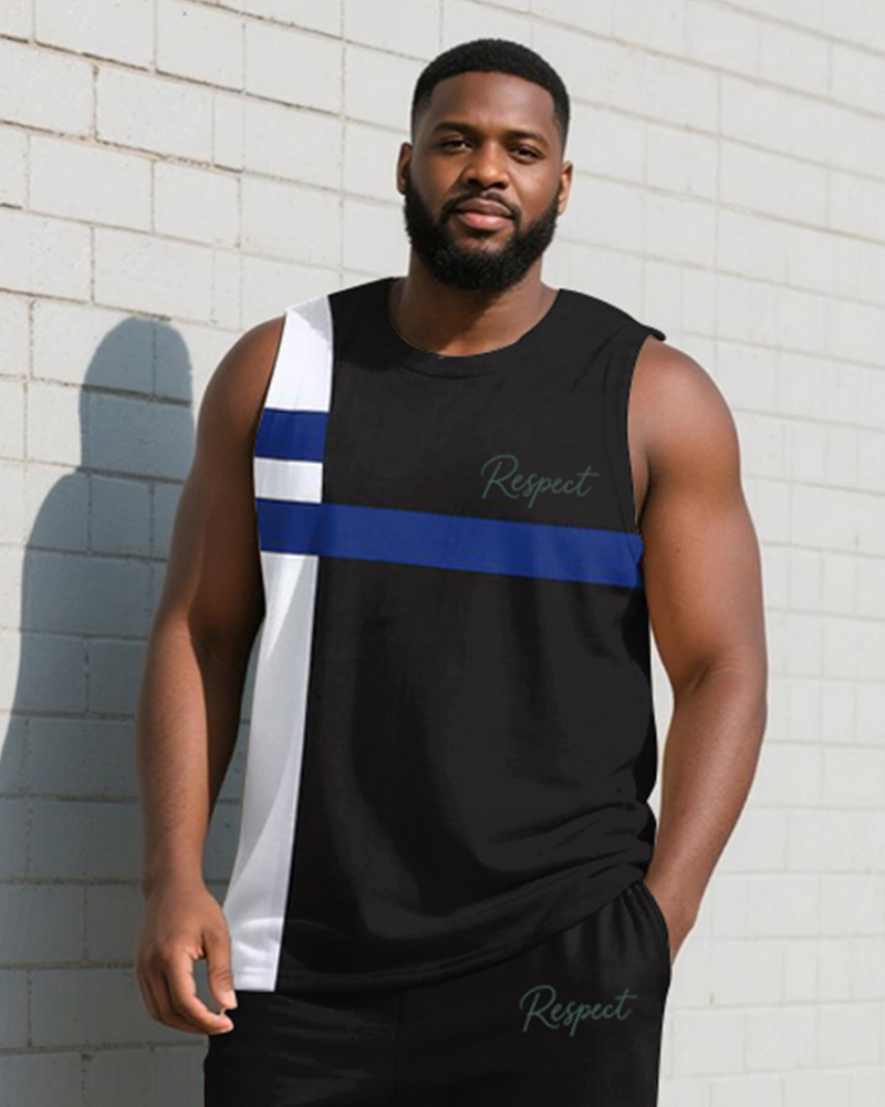 Big & Tall Men's Black Blue Striped Alphabet Print Tank Top Trousers Suit