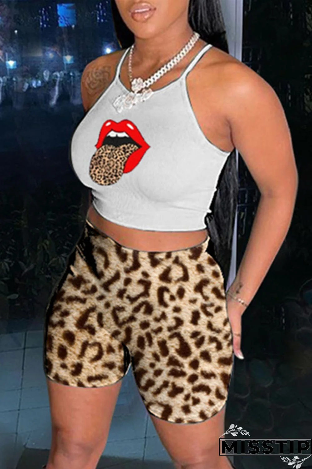 White Sexy Casual Leopard Basic O Neck Sleeveless Two Pieces