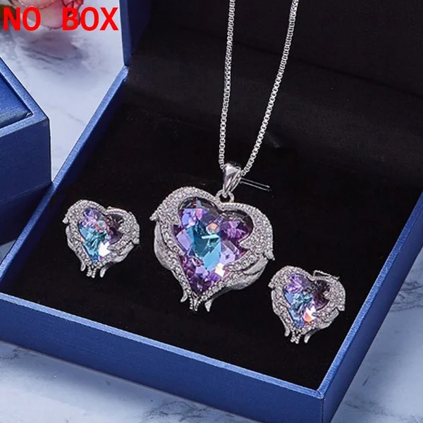 3pcs Crystals Angel Wings Pendant Earrings Heart Pendant Jewelry Set for Women Lady