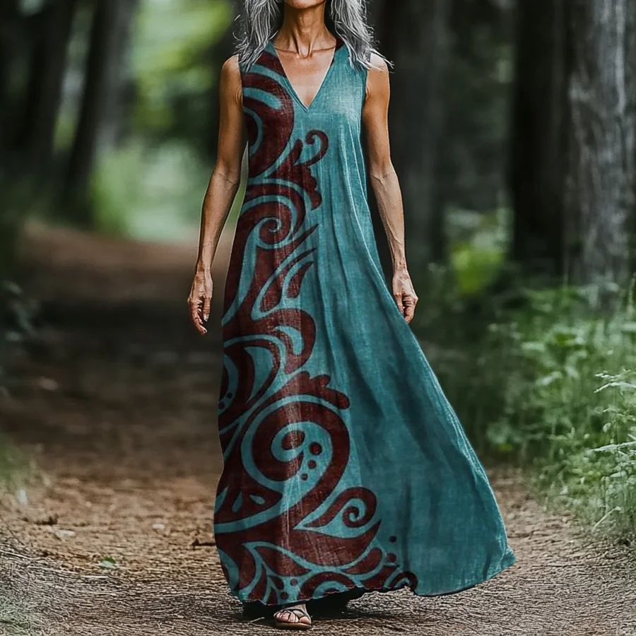  Women's Retro Geometric Print V-neck Midi Dress Westsshops