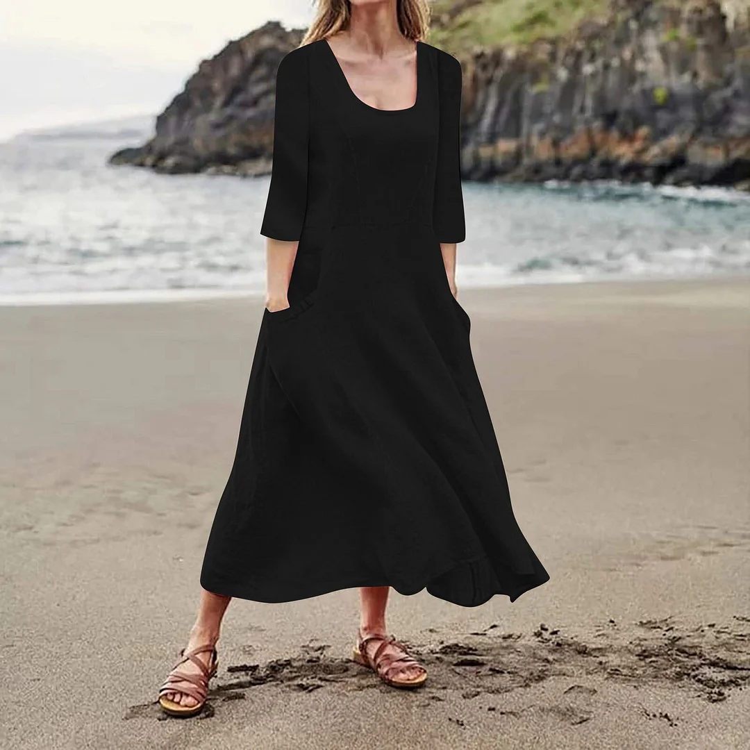 Elegant Long Dress Sundress Women Summer   Solid 3/4 Long Sleeve Midi Dress Female Causal Pocket Loose Dresses Robe