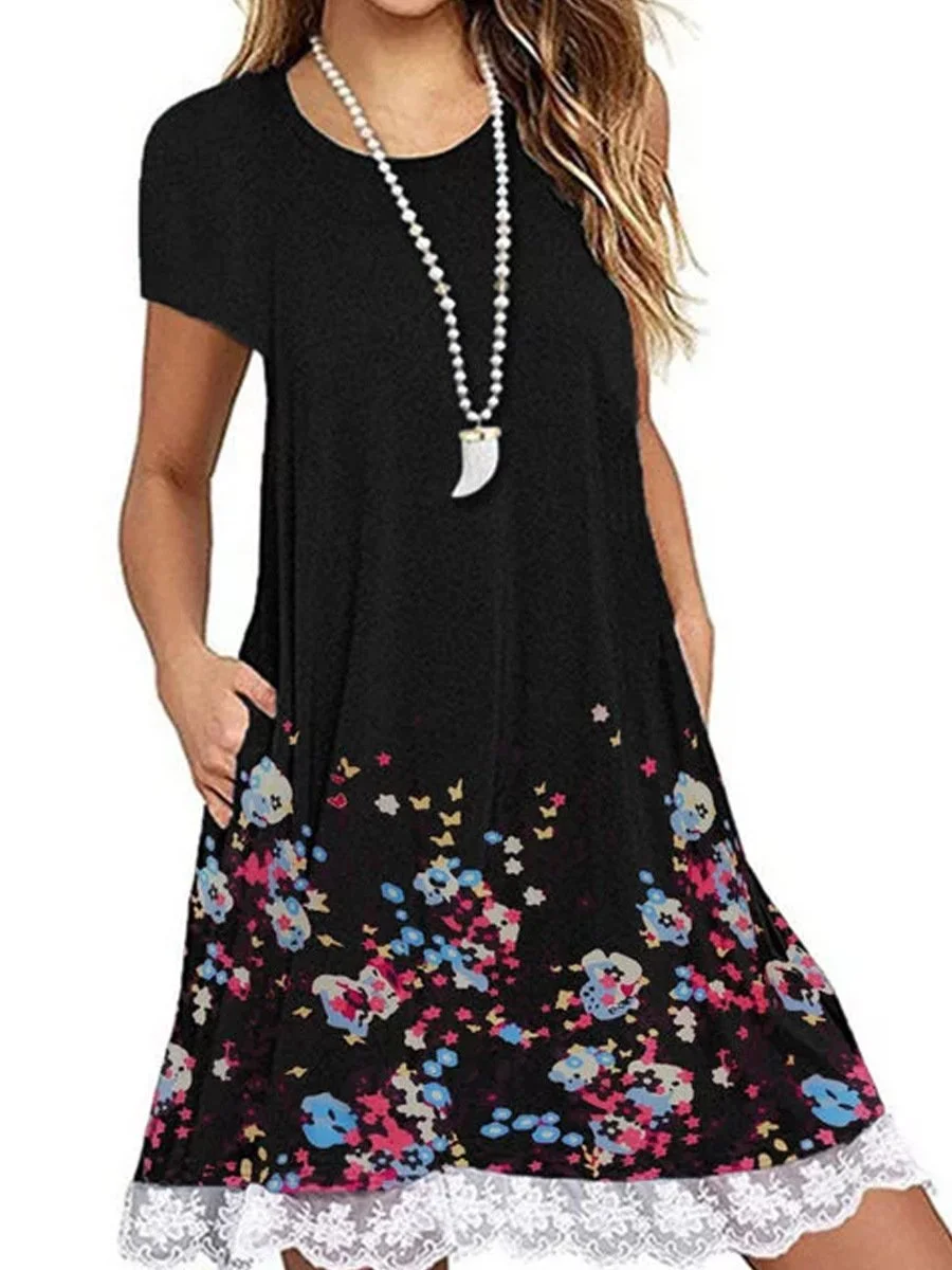 Round Neck Patchwork Floral Printed Shift Dress