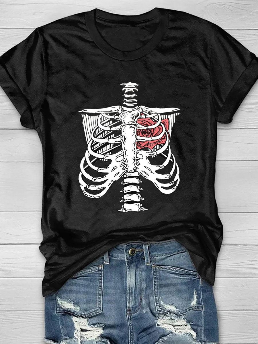 Red Rose Ribcage Print Short Sleeve T-shirt
