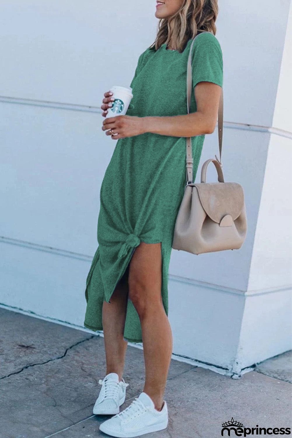 Casual Short Sleeve T-shirt Midi Dress with High Splits