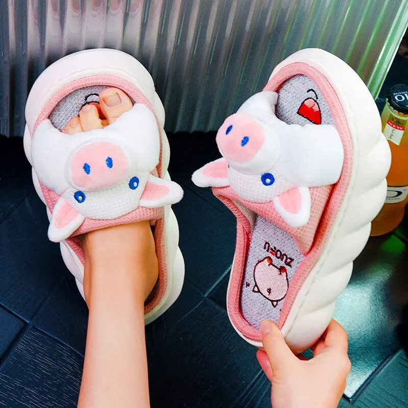 Yyvonne New Fashion Linen Slippers Women Cute Squirrel Home Platform Slippers Comfort Cartoon Couple Ladies Slides Free Shipping