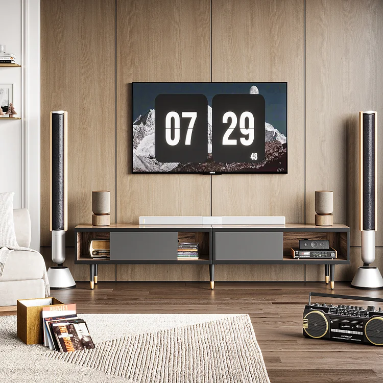 Bestier Mid-Century TV Stand for TVs up to 90" Reversible Entertainment Center for Corner, Pinewood