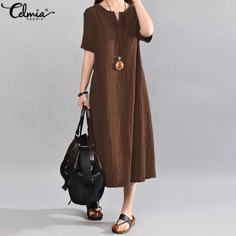Celmia Women Vintage Linen Dress 2022 Summer V Neck Short Sleeve Solid Pockets Casual Loose Midi Dresses Oversized Vestidos